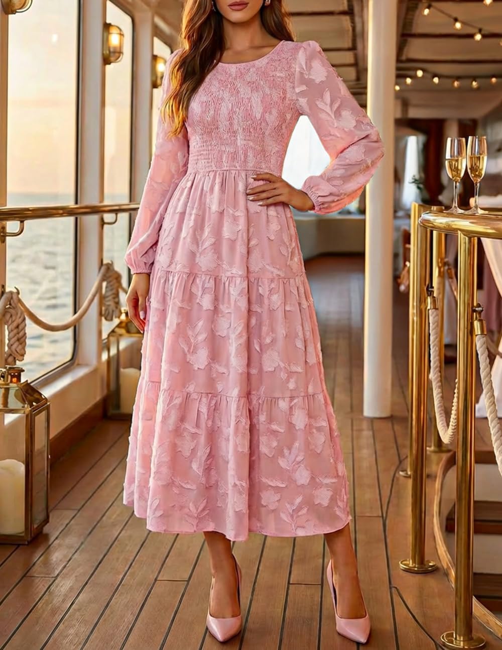 ZESICA Women's Fall Boho Floral Midi Dress 2026 Casual Long Sleeve Crewneck Flowy Wedding Guest Long Dresses - Image 6