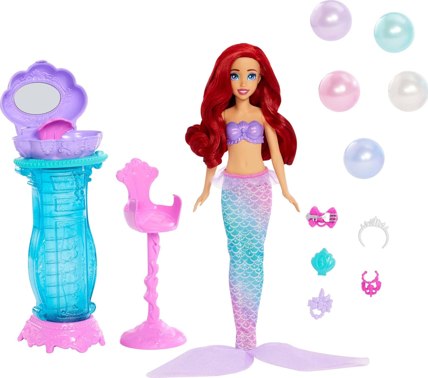 Mattel Disney Princess Toys, Ariel Vanity Pop Mermaid Fashion Doll with Removable Tail & Vanity with 5 Repeatable Pop-Up Surprises & 5 Accessories