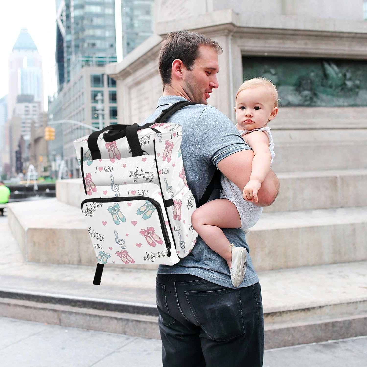 Ballet Music Hearts White Pattern Diaper Bag Backpack for Baby Boys Girls Multifunction Baby Essentials Travel Tote with Stroller Straps & Bottle Storage Maternity Baby Changing Bags for Traveling