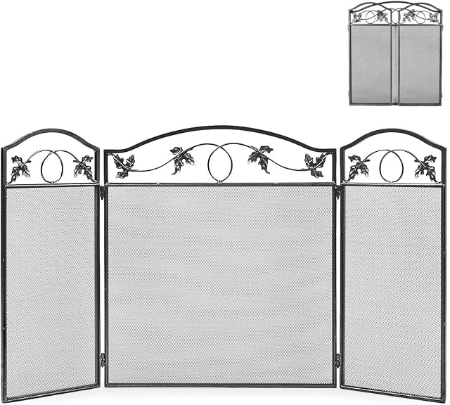 GiantexUK 3-Panel Fireplace Screen, Folding Spark Guard with Metal Mesh, Freestanding Fireguard for Living Room and Bedroom (Leaf Pattern, 127 x 73cm)