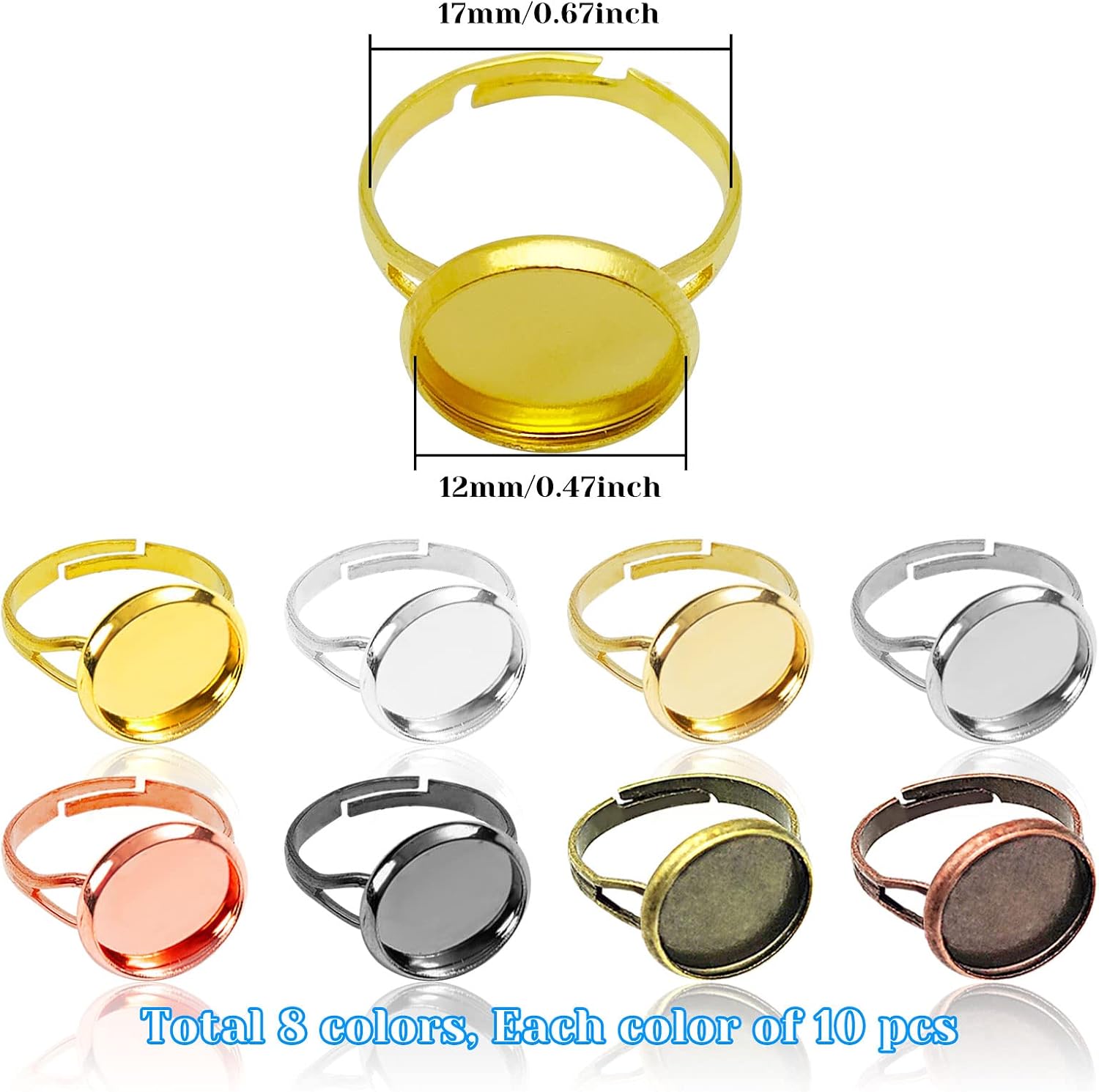80Pcs Adjustable Blank Rings for Jewelry Making, 12mm Base Blank Rings Base Pad Adjustable Metal Flat Round Finger Ring Blanks Bezel Trays for DIY Crafts Jewelry Findings(8 Colors)