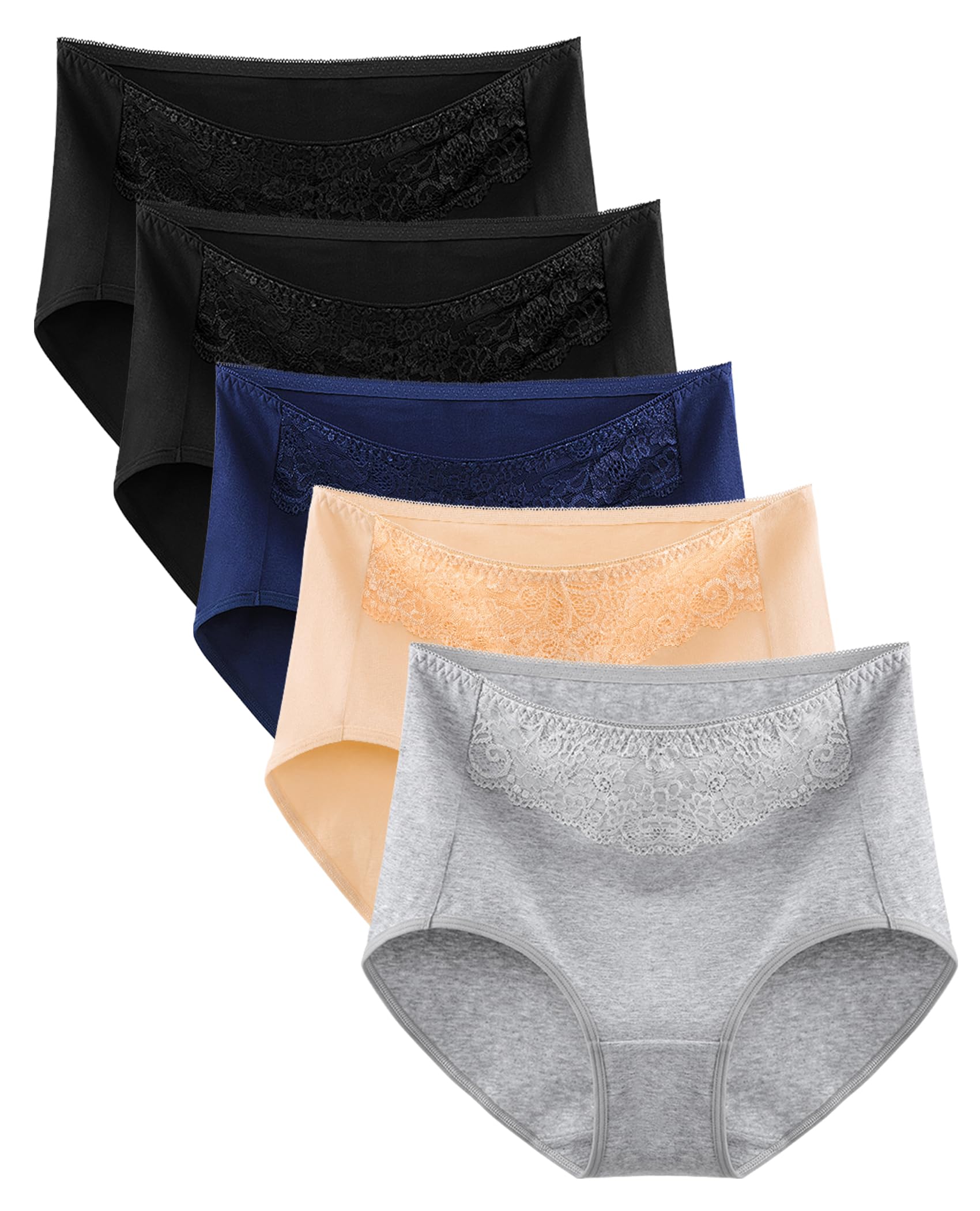 MISSWHO Women's High Waisted Cotton Underwear Soft Breathable Full Coverage Stretch Briefs Ladies Panties 5-Pack