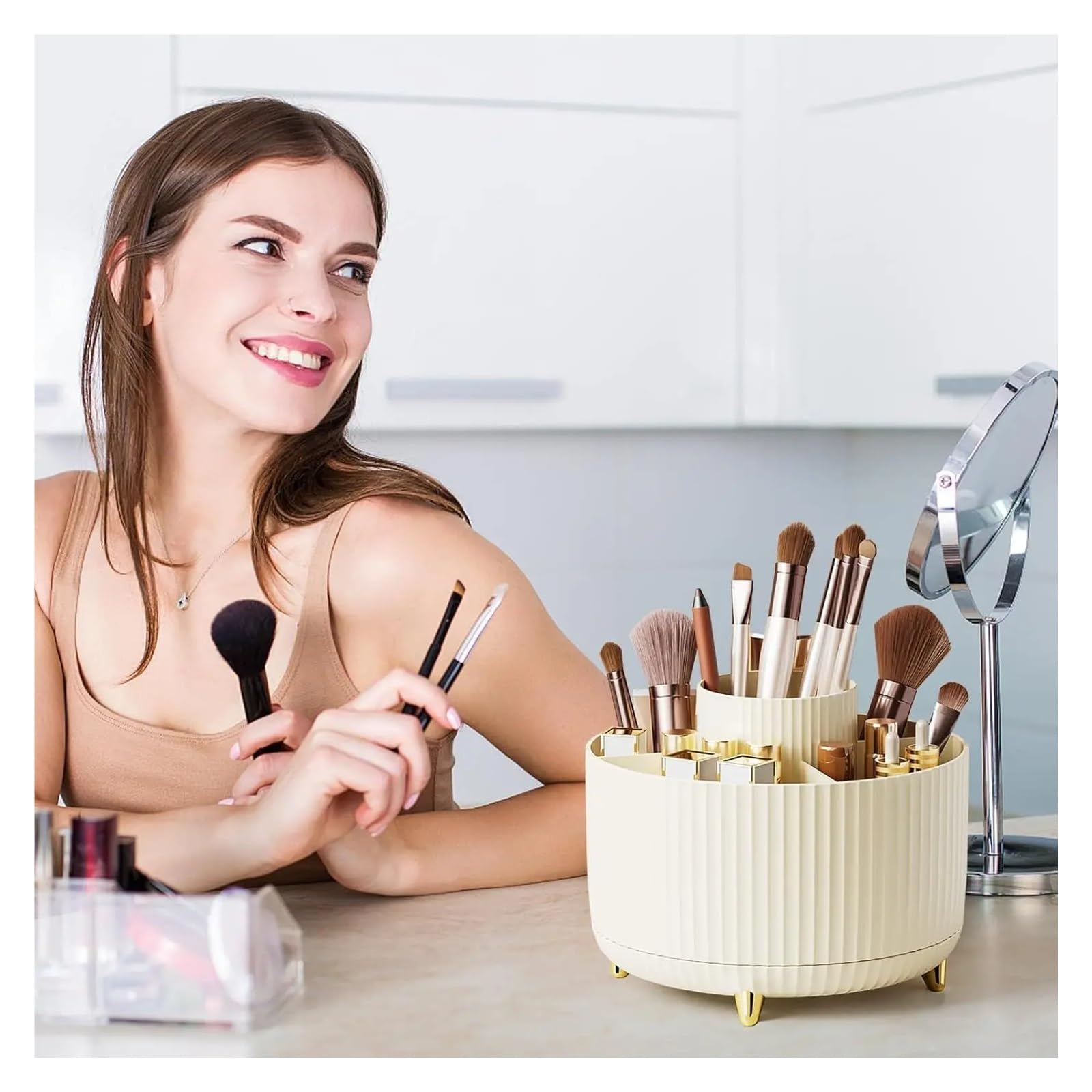 Organizzatore for pennelli da Trucco, Girevole a 360°, Organizer for Cosmetici, 5 Scomparti, Porta pennelli da Trucco, portaoggetti da scrivania for Bagno per cassettiera, Bagno(Cream)