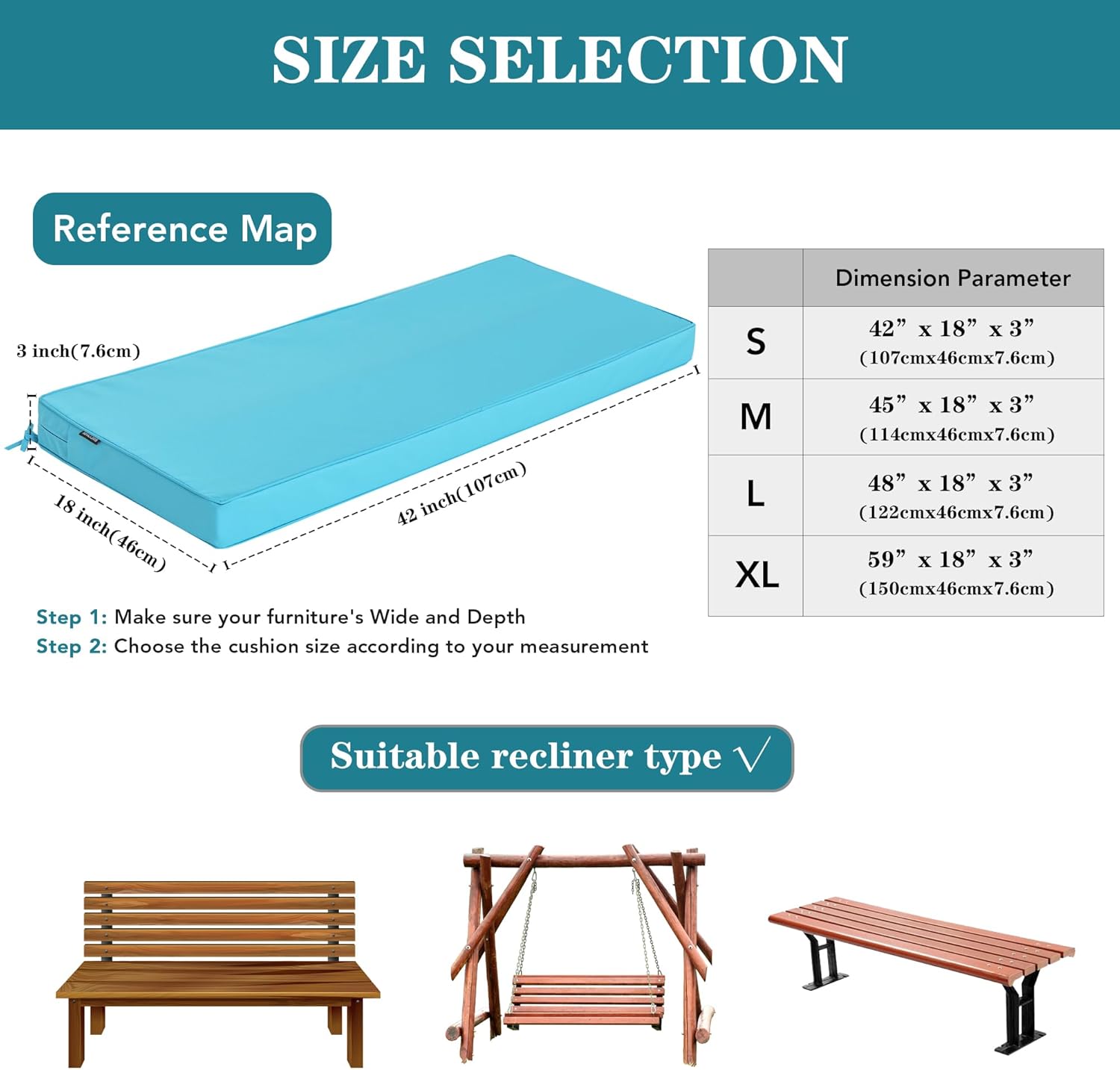 Outdoor Bench Cushions 42 x 18 Inch Thick Waterproof Porch Swing Cushions with Tie Patio Furniture Chair Cushion Bench Pad Color Fastness Backyard Seat Pads Teal