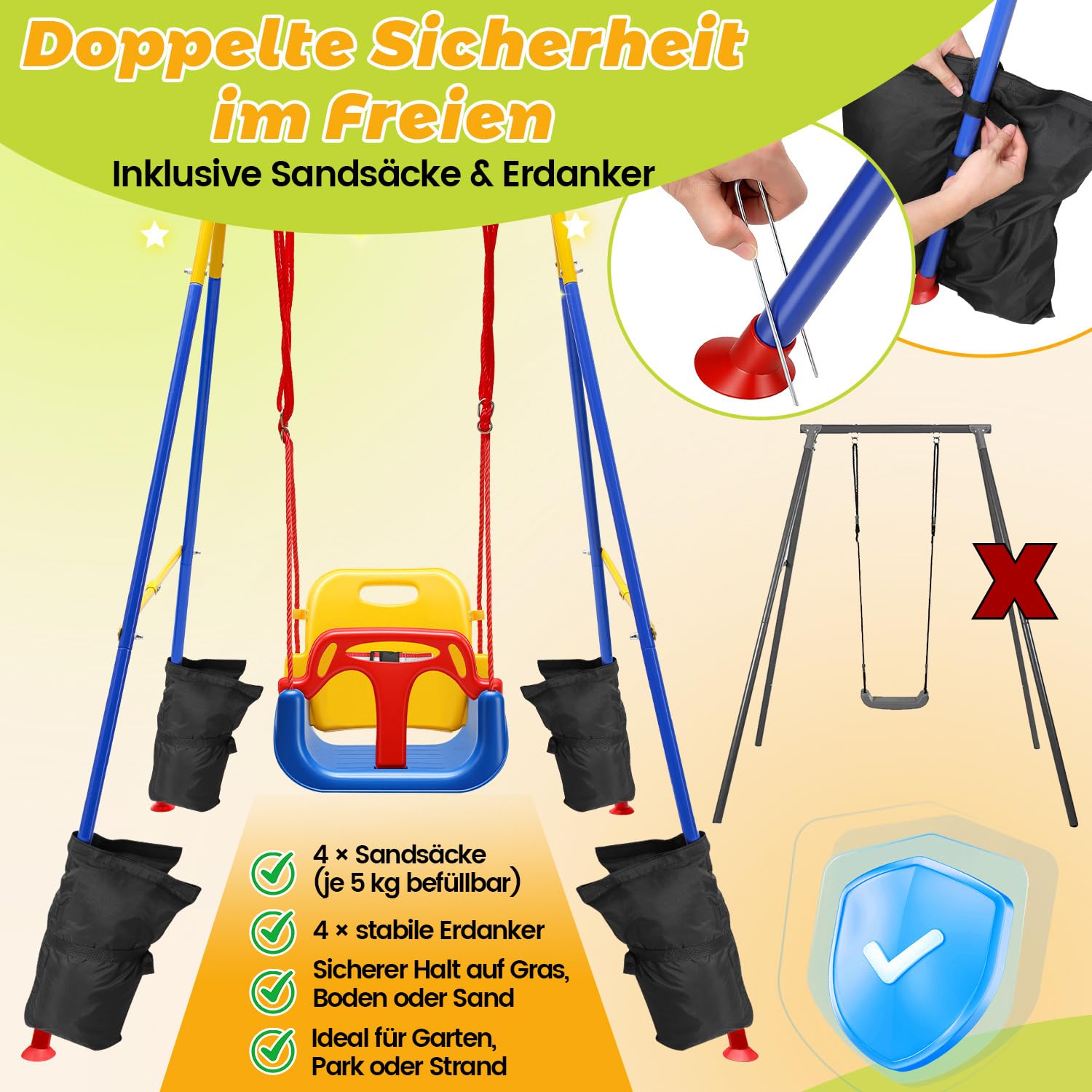Balançoire pour bébé 4 en 1 avec armature - Balançoire pour enfant - Avec ceinture de sécurité - Pliable et 4 sacs de sable - Pour l'intérieur et l'extérieur - Facile à monter