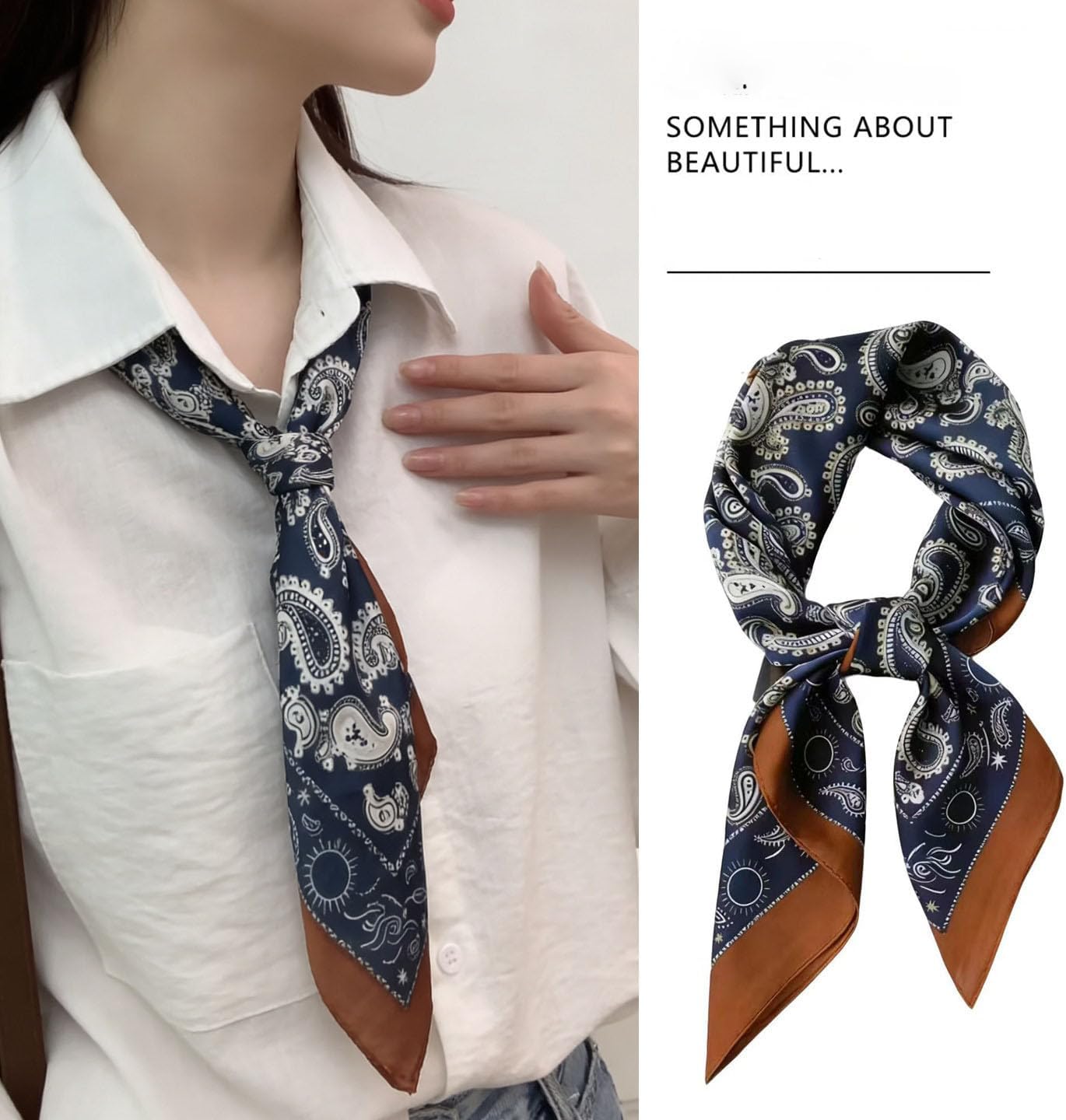 27.5 Inch Navy Coffee Print Silk Like Hair Head Scarf for Women Satin Neck Scarf Wrap Large Lightweight Bandana
