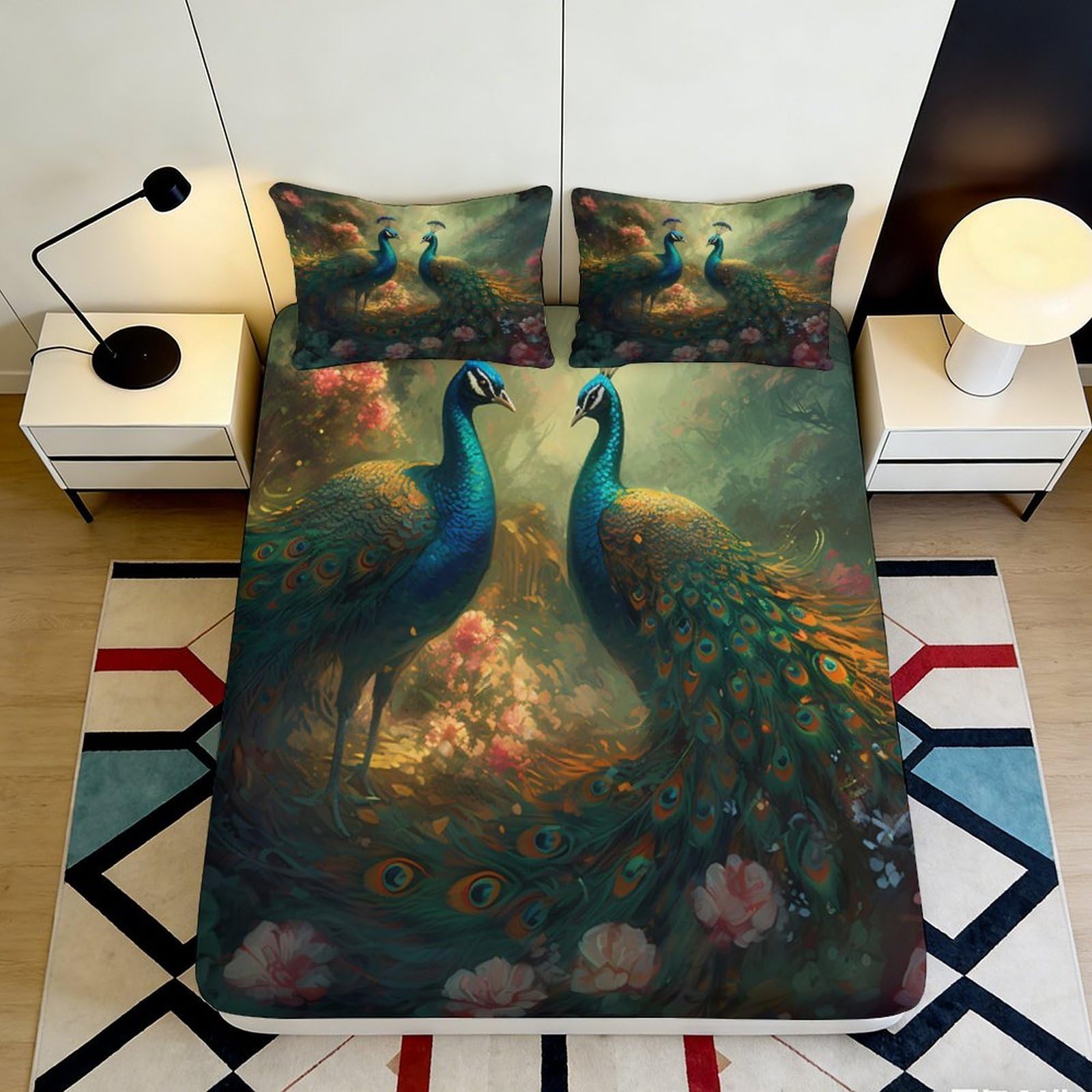 3D Printed Elegant Peacock Fitted Sheet Microfiber Soft Artistic Floral Mattress Cover for Bedroom Guest Room Decor 90x200x25cm