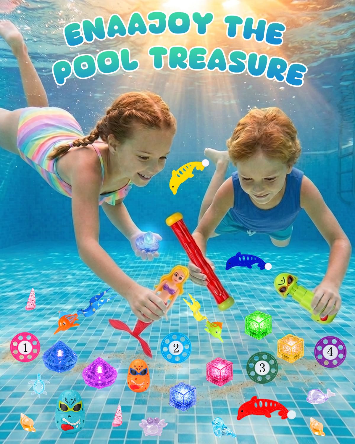 34 Pièces Jouets de Plongée, Jouet de Natation pour Piscine avec Cubes Lumineux à LED et Diamants de Cristal, Jeux Piscine Enfant avec Ballons de Plage et Sirènes Tournantes
