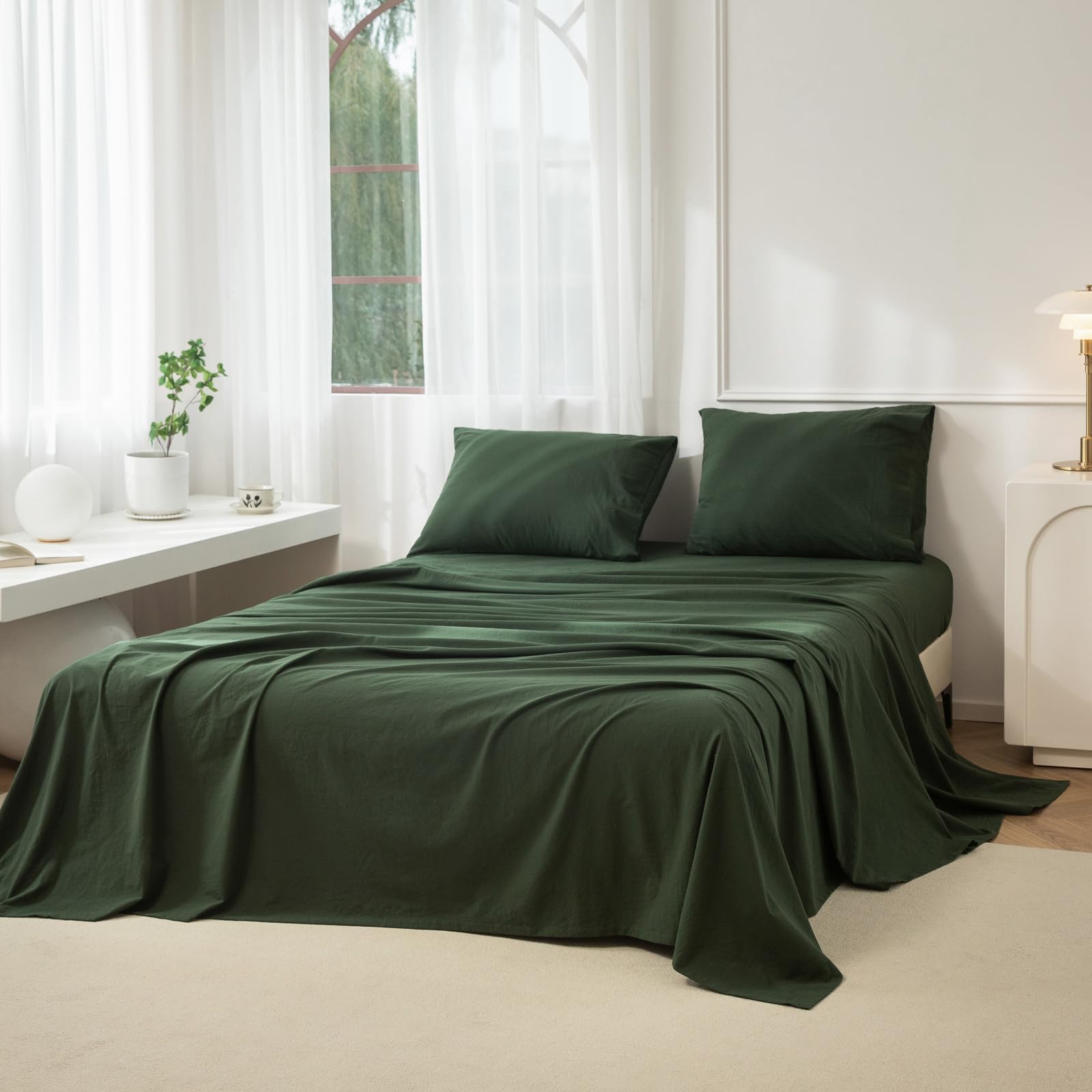 JIYUAN 100 Washed Cotton Sheet Set 4 Pieces Full 1 Fitted Sheet 1 Flat Sheet and 2 Pillowcases