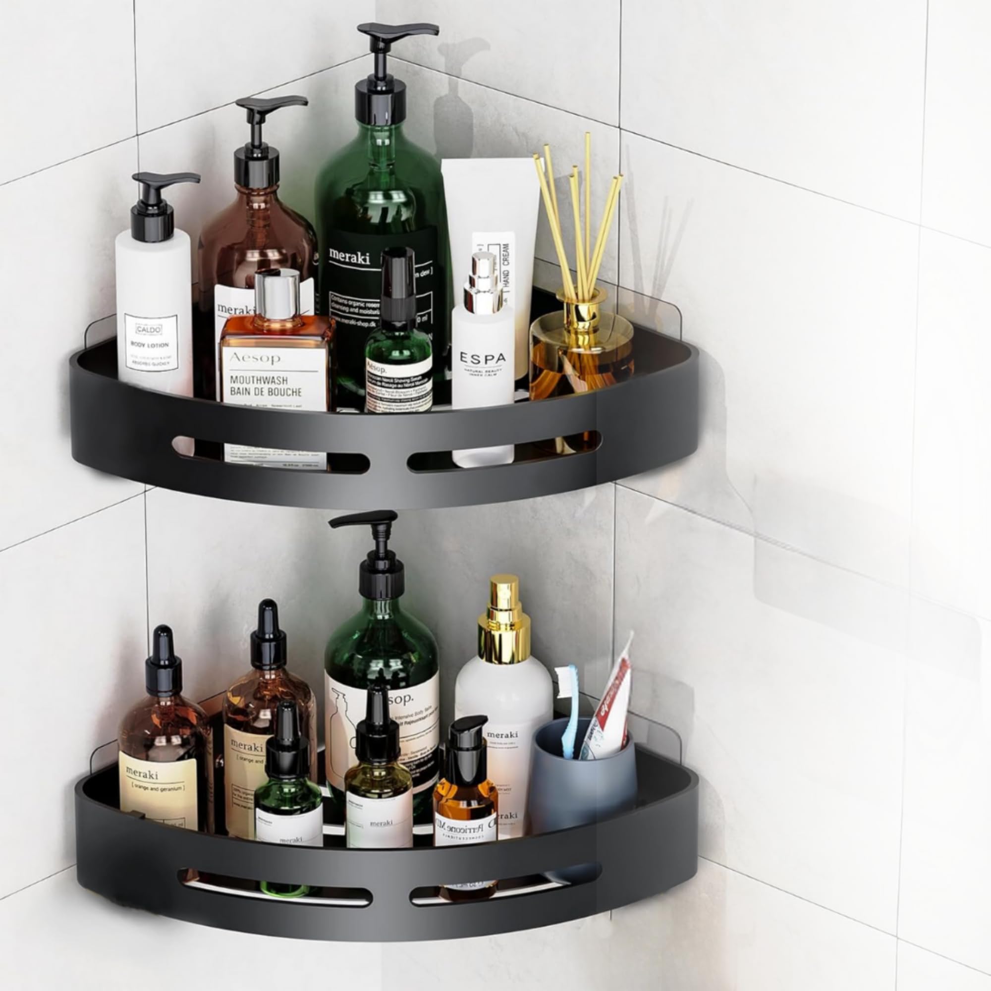 HomeEssentials Wall Hanging Bathroom Organizer Corner Tray - NoDrill Shower Caddy Shelf Adhesive Stand, Multipurpose Shampoo Holder,Versatile Bathroom Rack (Corner Shelf, Plastic) (B0DC6TGSGG) Amazon Price History, Amazon Price Tracker