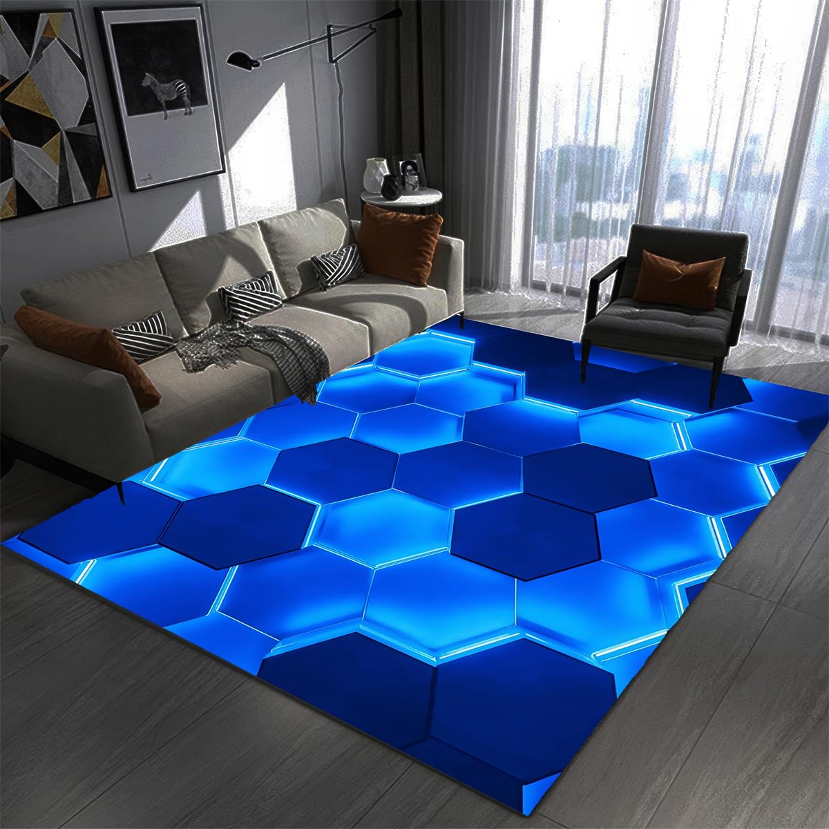 Alfombra Habitacion Juvenil Infantil Impresiones Visuales 3D Geometría Neón Alfombra Gamer Suelo Fondo Antideslizante Franela Suave Alfombra Salon Grande Para Tapizar Muebles (Azul,160x230cm)