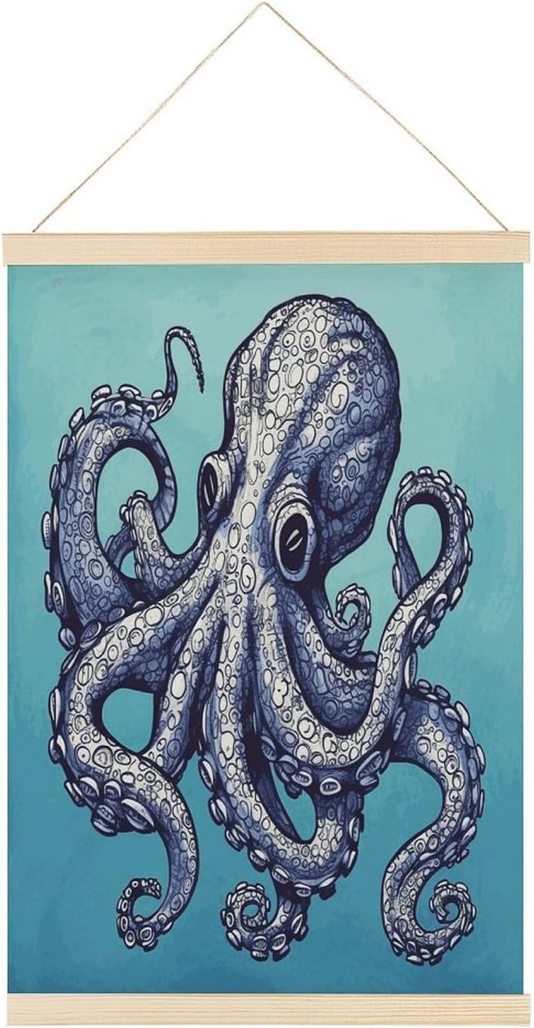 Octopus Design Magnetic Poster Hanger Frame Wood Pictures Frame Painting Canvas Art Decorative Painting for Pictures Photos Maps Scrolls Prints 23.6x15.7 Inch