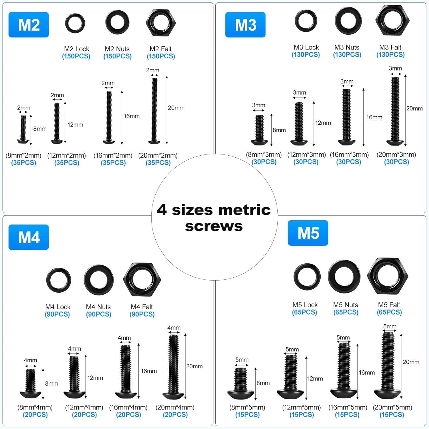1705 Pcs Machine Screw Assortment Kit, Metric Screws Made 12.9 Alloy Steel, Including M2, M3, M4, M5 Screw Set, Hex Screws, Nuts and Washers, Rustproof and Sturdy Machine Screw Assortment Kit