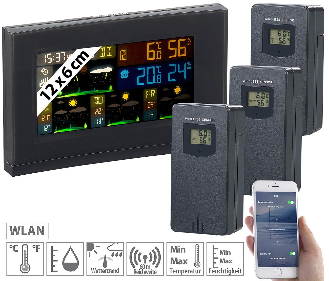 infactory WLAN Thermometer Outdoor: WLAN-Funk-Wetterstation mit 3 Außensensoren, Farbdisplay, Uhr und App (Thermometer Gewächshaus, Temperatursensor außen, iPad)