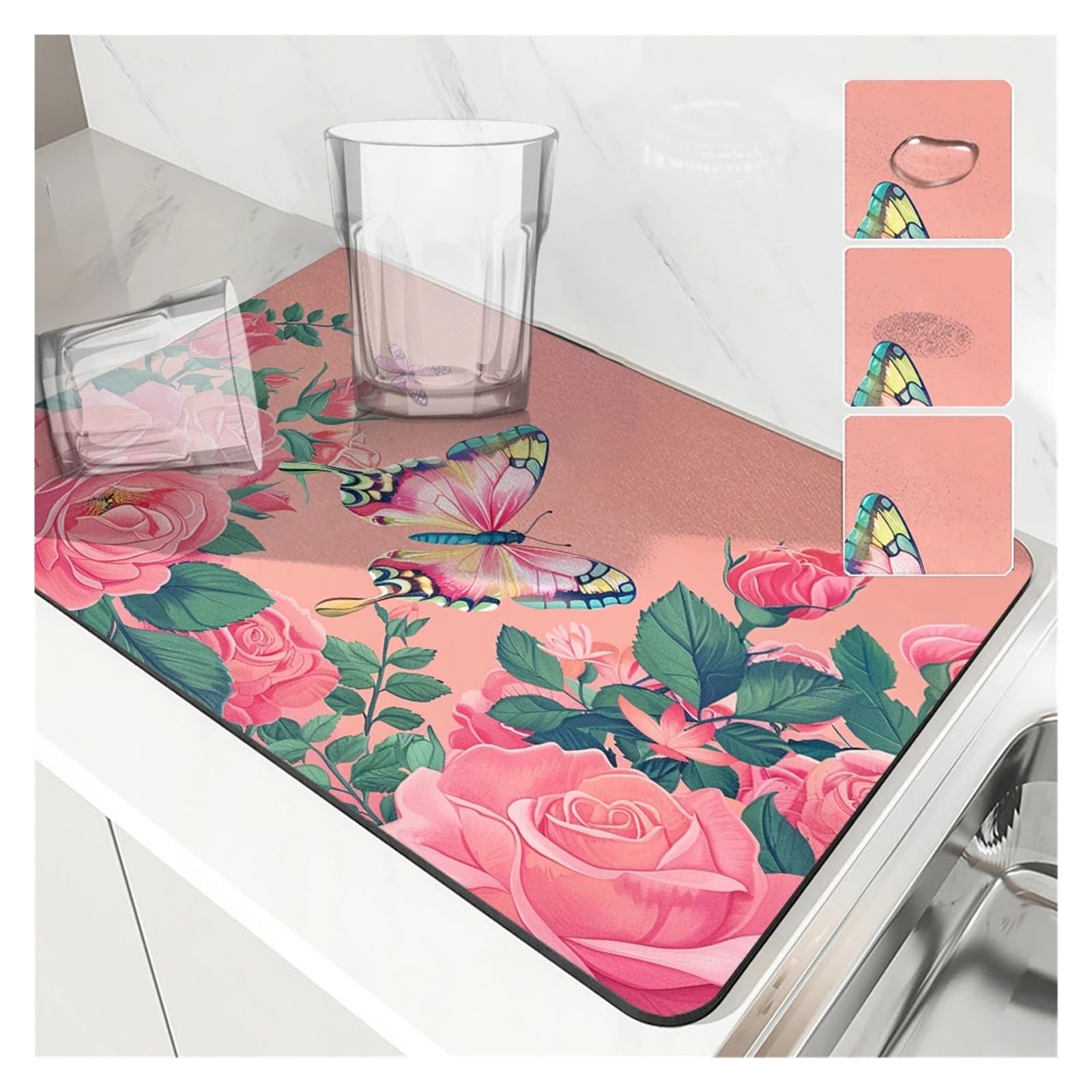 Tapis de séchage rapide pour salle de bain et cuisine au motif floral élégant