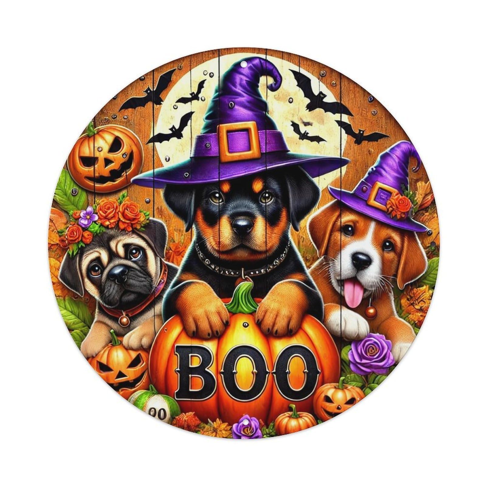Halloween Dogs Pumpkins Bats Witch Retro Metal Sign Round Tin Sign, Vintage Decor Art Poster for Bar, Home, Man Cave, Kitchen, Laundry Room Gift 8x8Inch