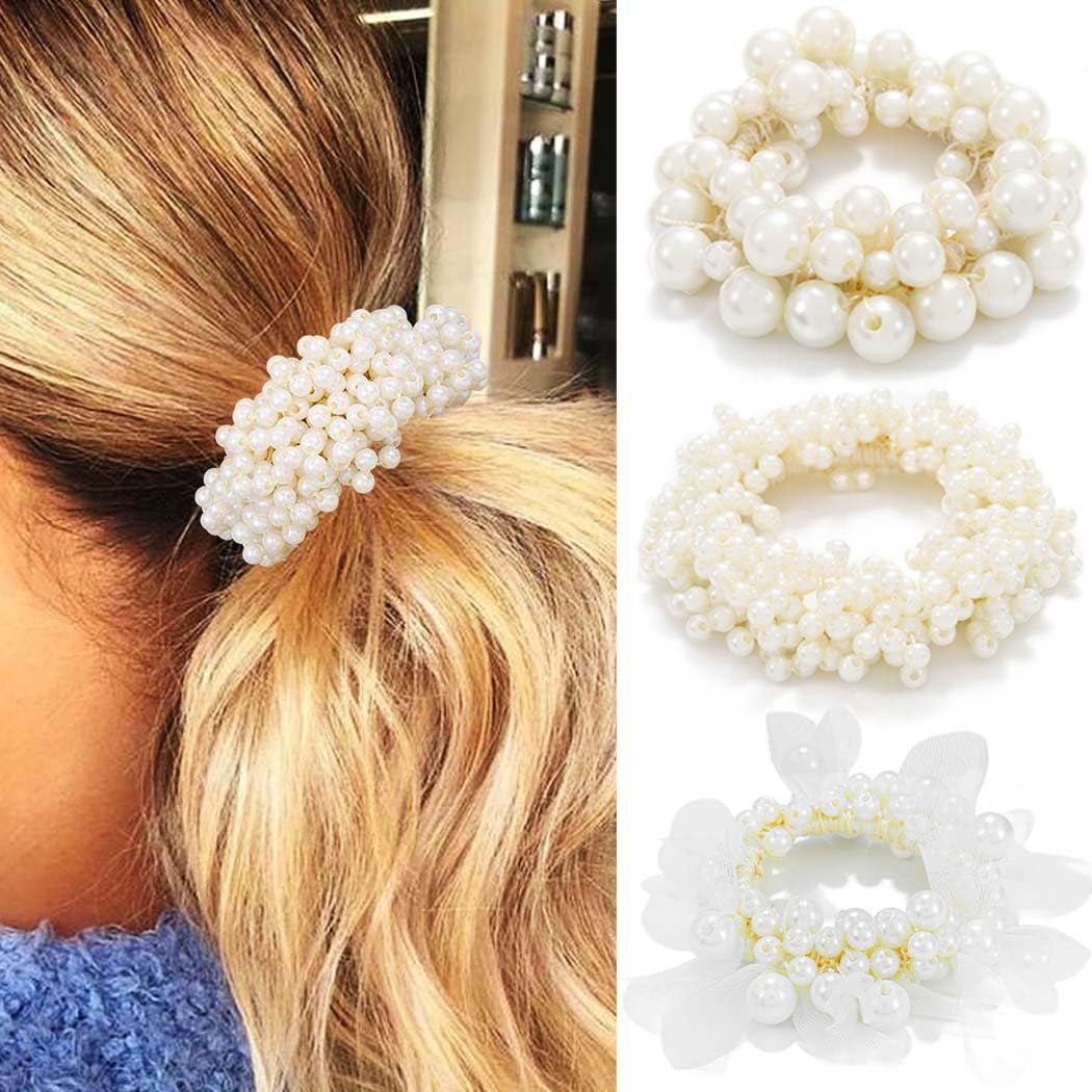 Reaky Pearl Hair Ties Beaded Hair Scrunchies Fancy Ponytail HoldersDecorative Hair Accessories for Women, 7cm /2.75 inches