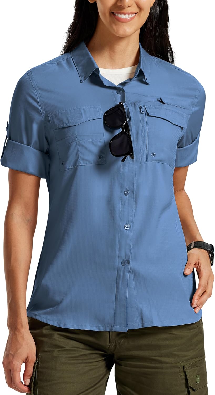 MoFiz Womens UPF 50+ UV Sun Protection Safari Shirts Long Sleeve Outdoor Cool Quick Dry Fishing Hiking Gardening Shirts