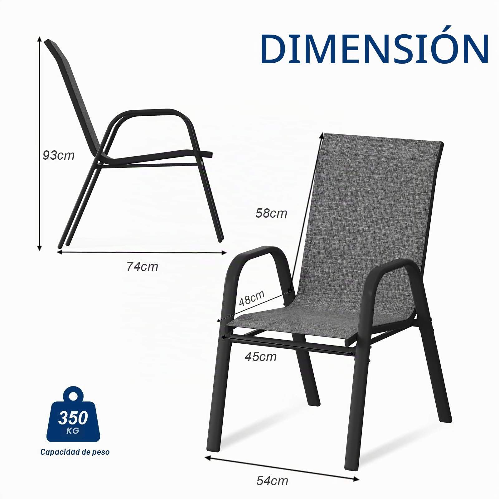 Litake Set 4 Sillas Apilables de Jardín Exterior, Sillas de Metal y Textileno con Respaldo Alto y Reposabrazos, Preensambladas, Estructura Anticorrosión, para Terraza Patio Balcón, Gris