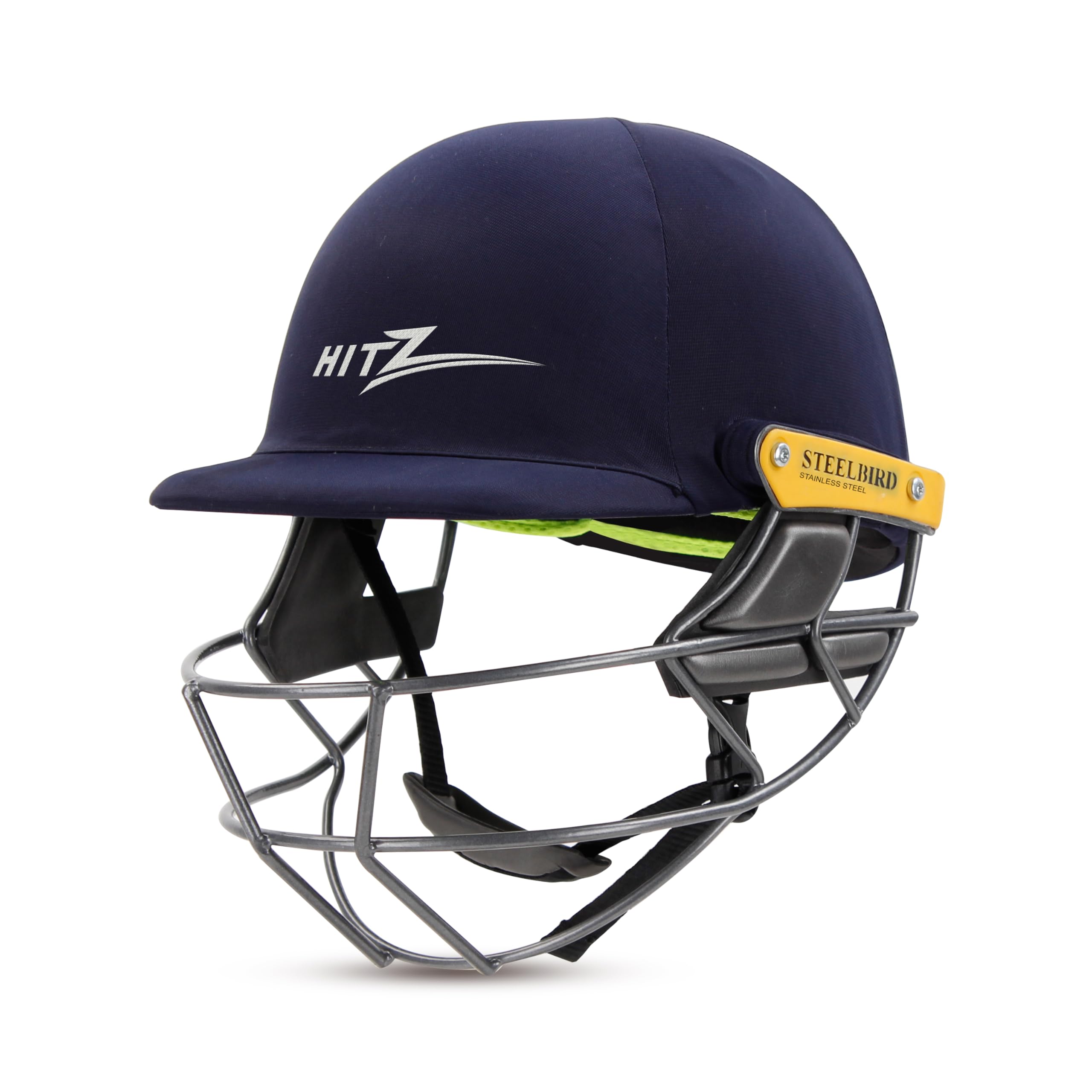 Steelbird Hitz Stainless Steel Premium Cricket Helmet for Men & Boys (Fixed Spring Steel Grill | Light Weight) (XL, Blue Fabric with Green Interior)-image-27