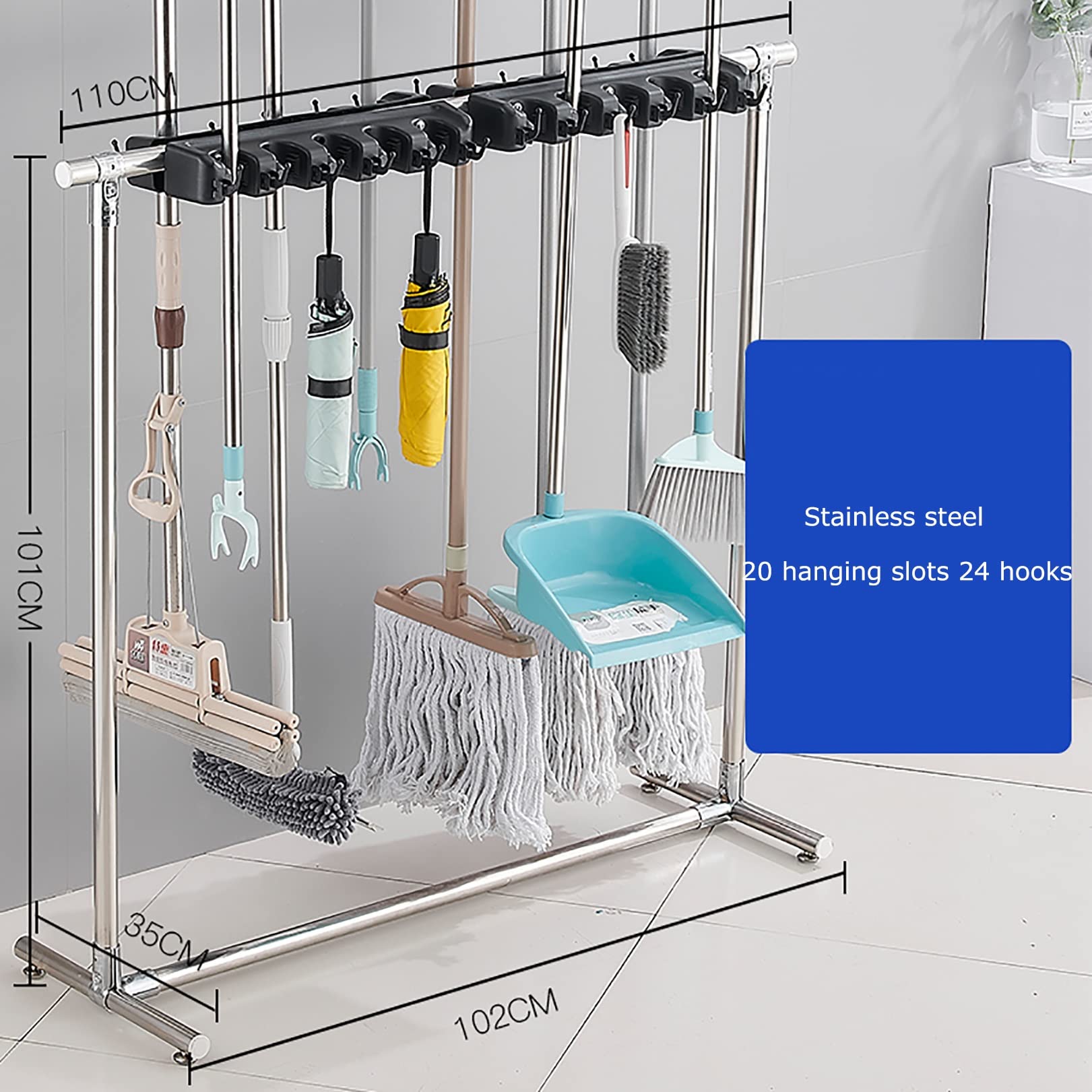 Ruchome Wózki Ręczne Mop Drain Rack Długie Narzędzia Do Ogrodu Garaż Szkoły Hotele Fabryki Firmy Nieruchomości Restauran Regał Magazynowy Ze Stali Nierdzewnej/20Slots