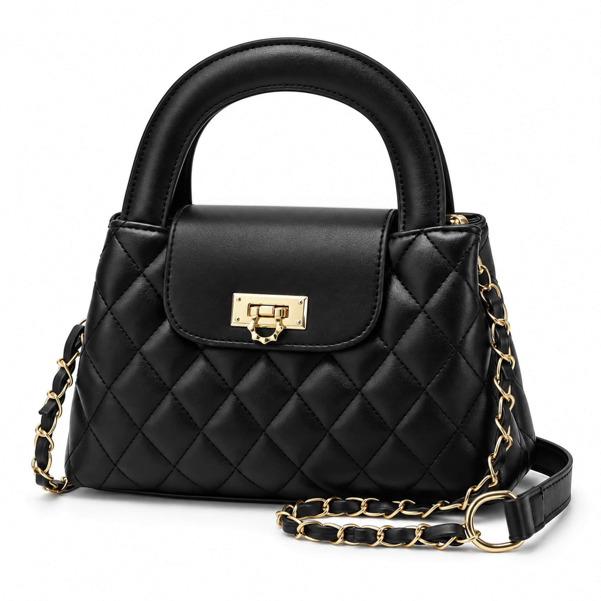 Small Quilted Crossbody Purse for Women, Faux Leather Top Handle Bag with Chain Strap, Elegant Mini Handbag