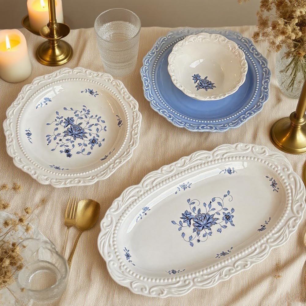 Geprägte Dessertteller, Keramik, Western-Stil, Kuchen, Nudeln, Salat, Abendessen, Haushaltssnack, Frühstücksschalen, Vogelnest, Obst, Sahne, Salate, Suppen, Snacks (26,9 cm flacher Teller, weiß)