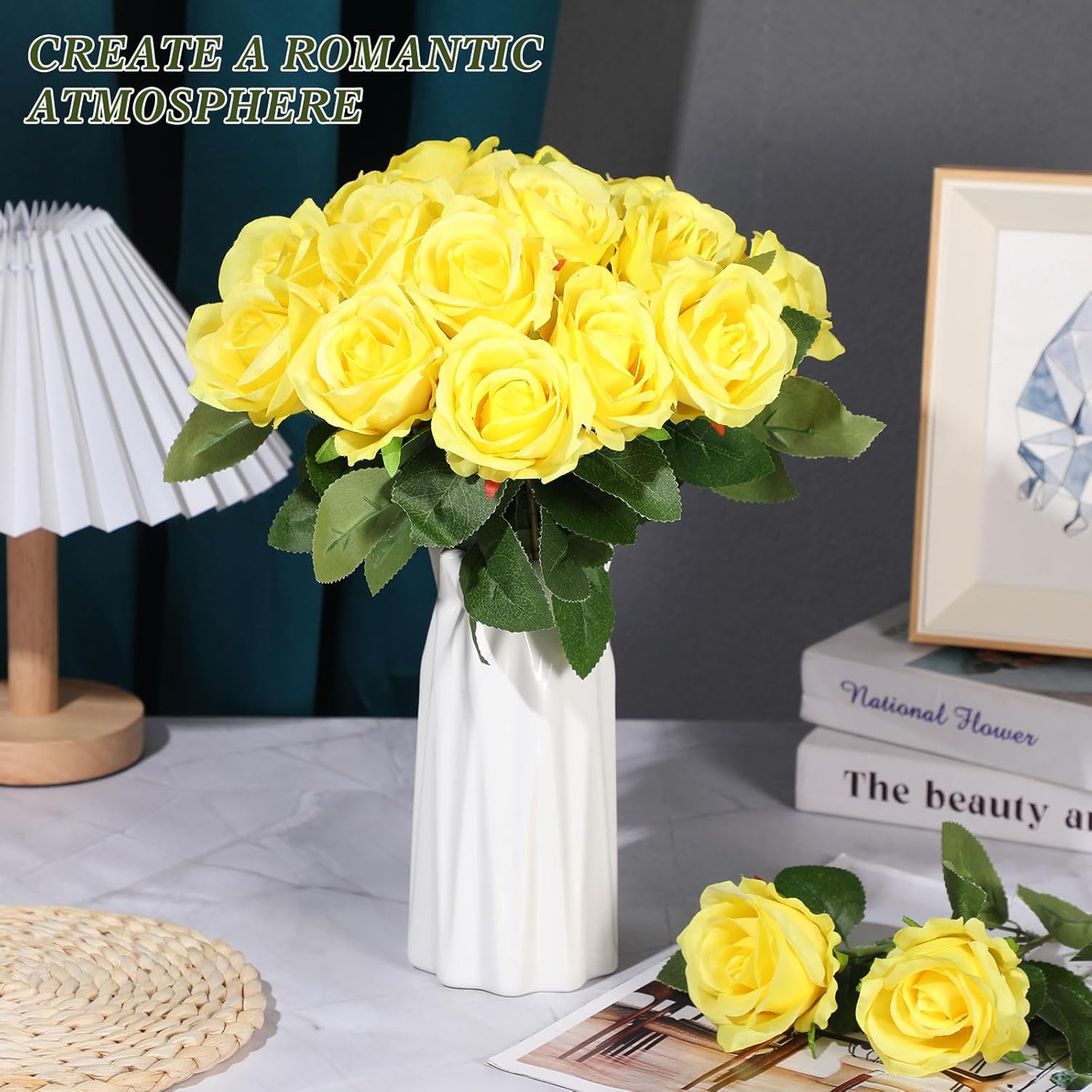 Hotop 40 Pcs Rose Artificial Flowers Bulk with Long Stem,Realistic Silk Fake Roses Bouquet for Home Wedding Centerpieces Party Table Decoration Valentines Gifts(Yellow) - Image 4