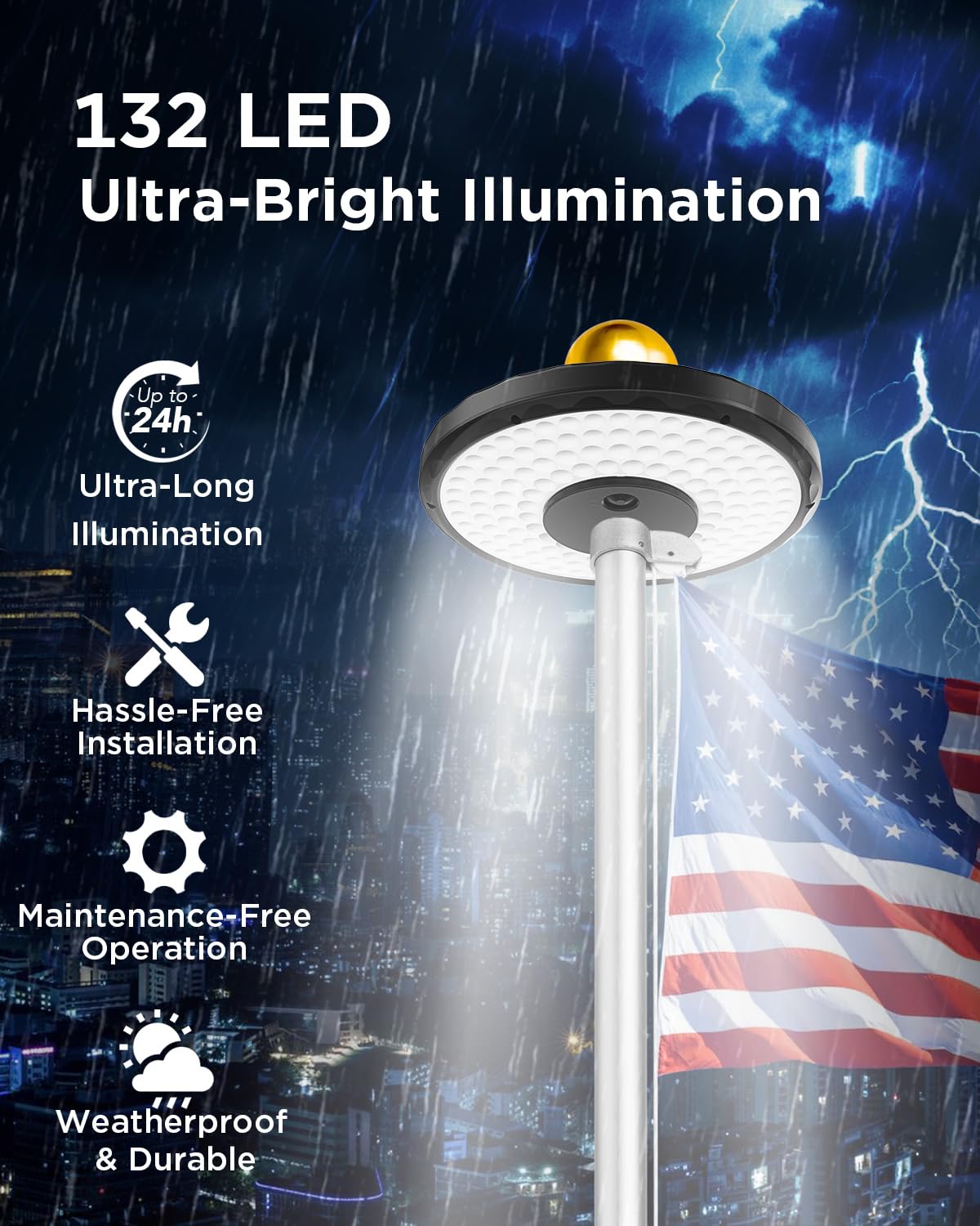 Flag Pole Light Solar Powered, 132 LED Ultra-Bright Flag Light with 2600mAh Rechargeable Battery Waterproof IP65, 3 Brightness Levels, Auto On/Off Dusk to Dawn, Solar-Powered for 15-25 Ft Flagpoles
