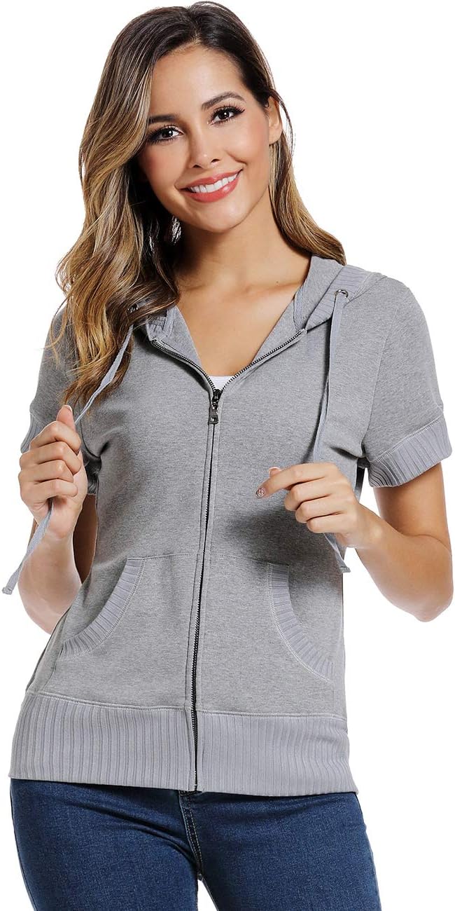 MISS MOLY Women's Short Sleeve Hoodie Full Zip Up Cotton Slim Fit Sweatshirt with Pocket - Image 3