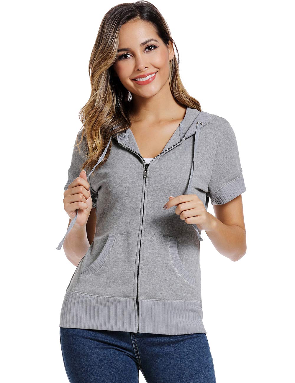 Miss Moly Sweat à capuche à manches courtes pour femme avec fermeture Éclair intégrale en coton fin Coupe slim Kanga Pocket - multicolore - Large(44-46)