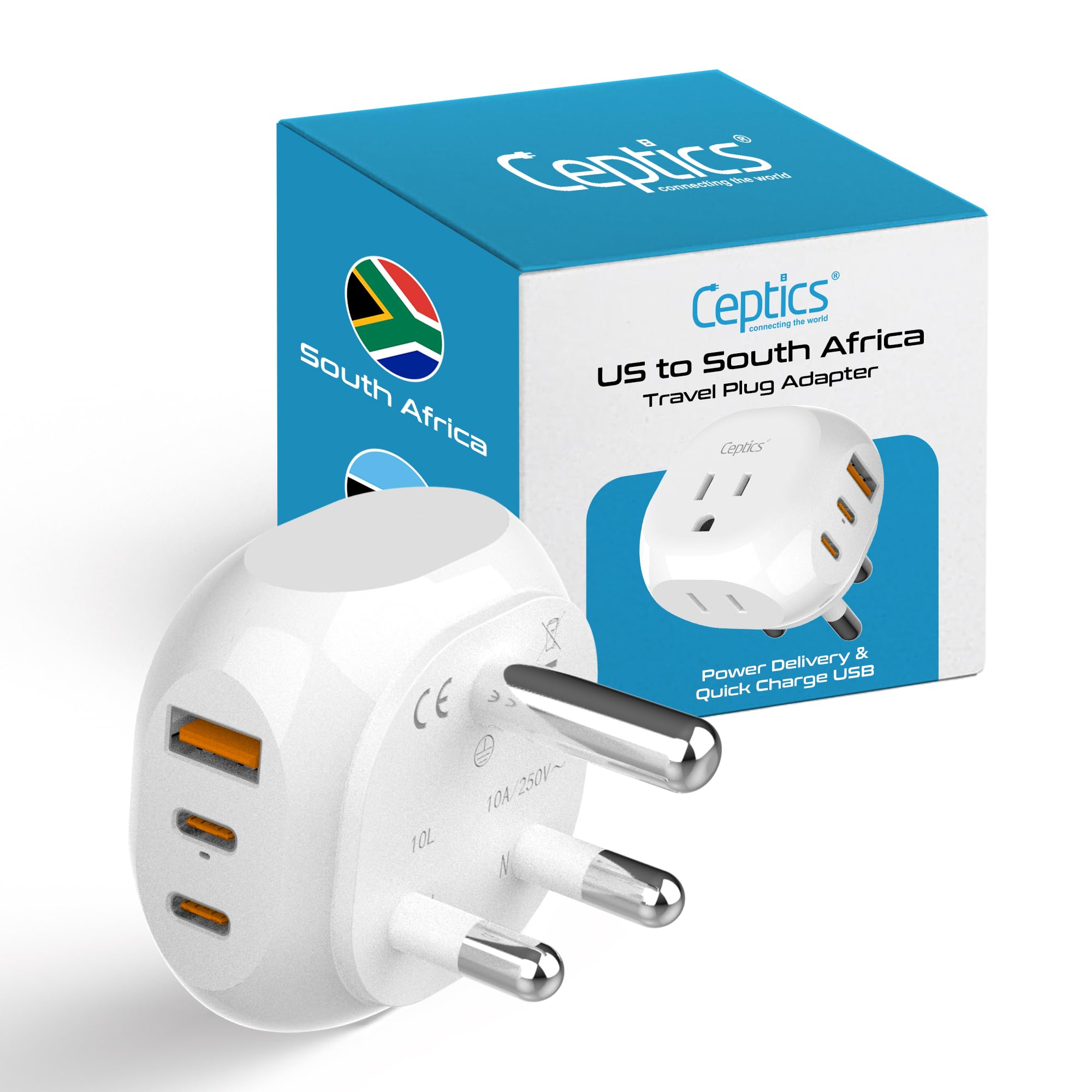 CepticsSouth Africa Travel Adapter - 5 Input with QC 3.1A Dual USB and USB-C - Ultra Compact - Light Weight - USA to Any Type M Countries Such as Namibia, Botswana and More (PTU-10L), White
