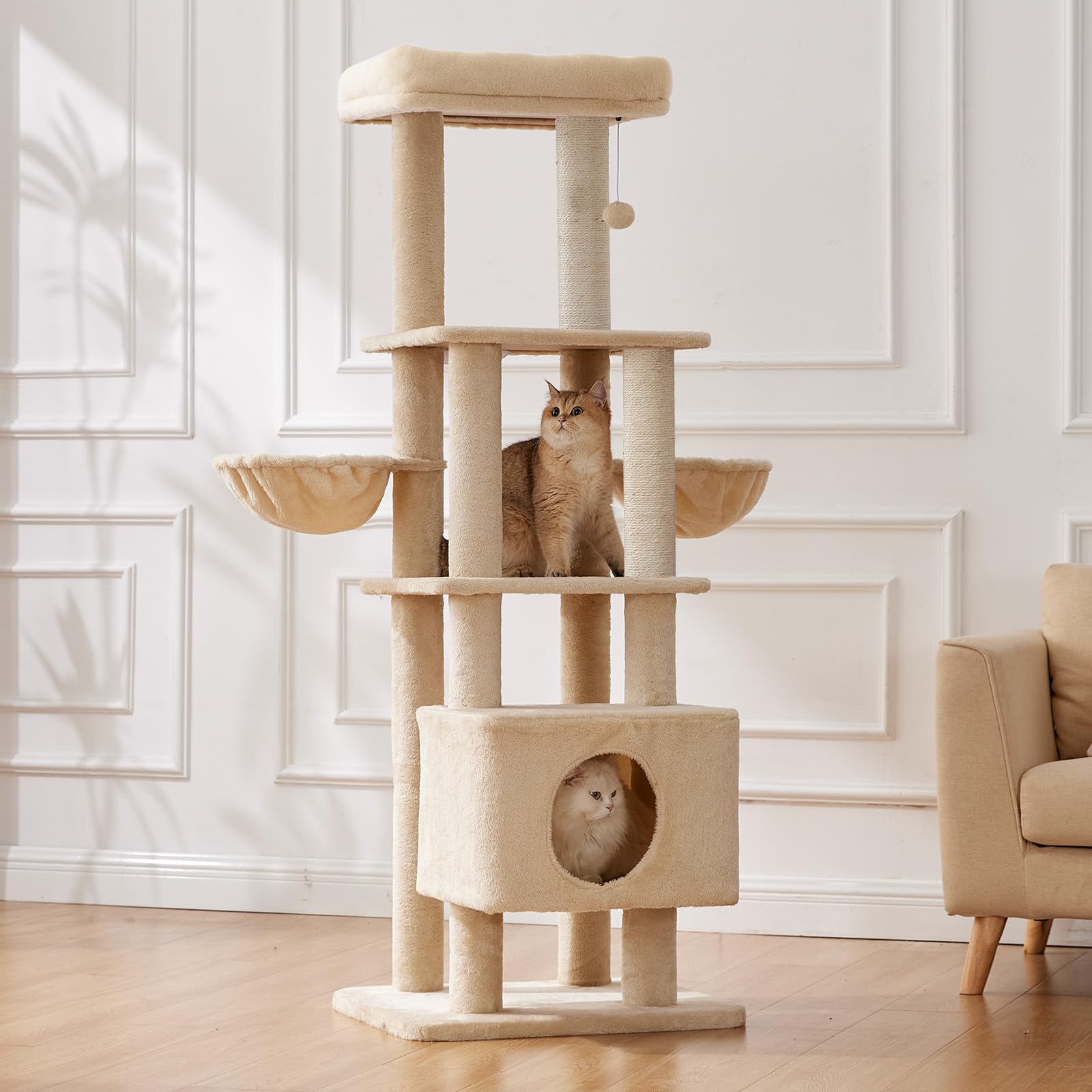Gardner Pet Rascador para Gatos 165 cm-Beige | Poste de Sisal, 6 Niveles Ultra-Estable, Diseño Anti-Oscilante, Posaderos Superiores Lavables, Castillo para Gato
