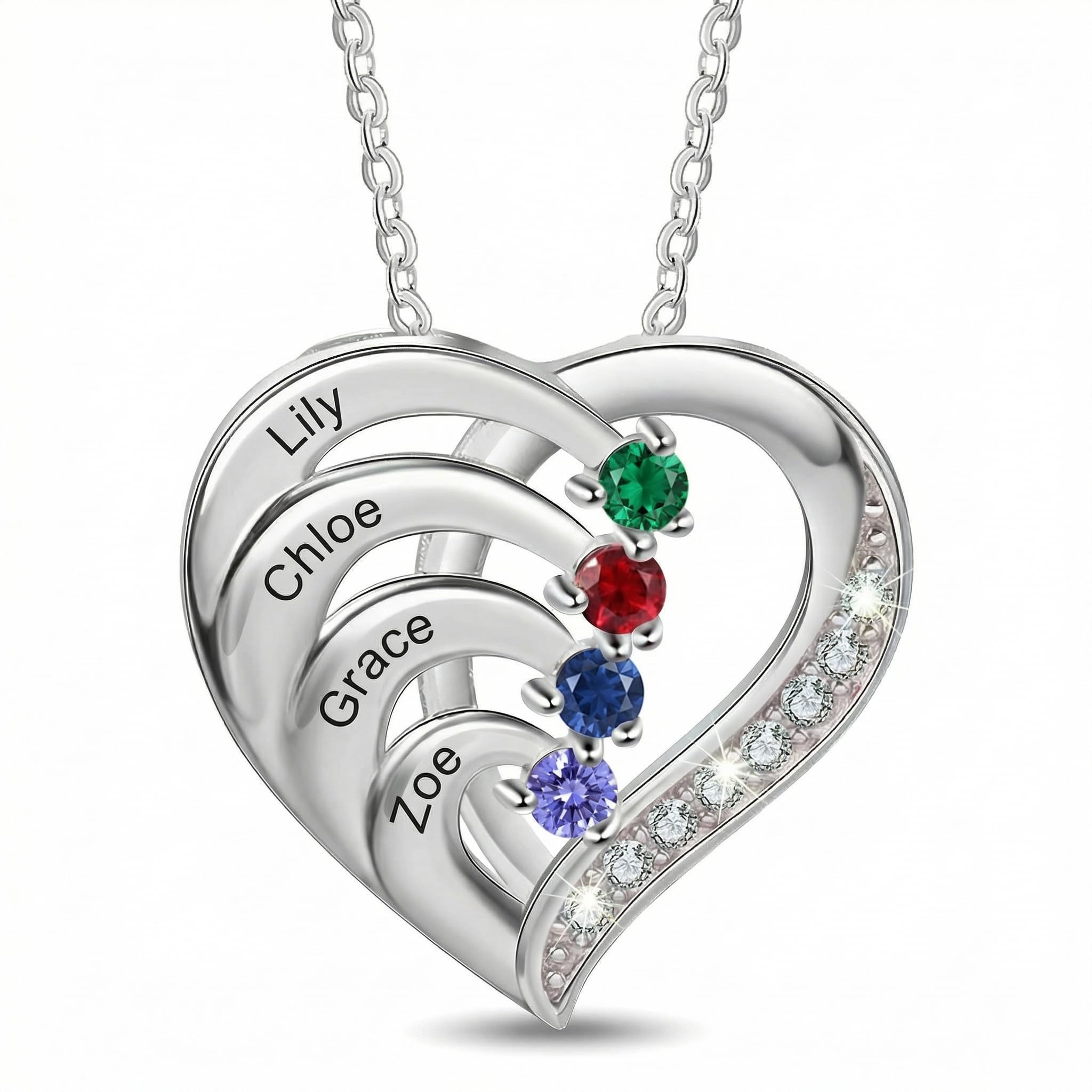 Lam Hub Fong Personalized Birthstone Necklace for Mom - Custom Name Heart Pendant Sterling Silver - Family Jewelry Birthday Mother's Day Gift for