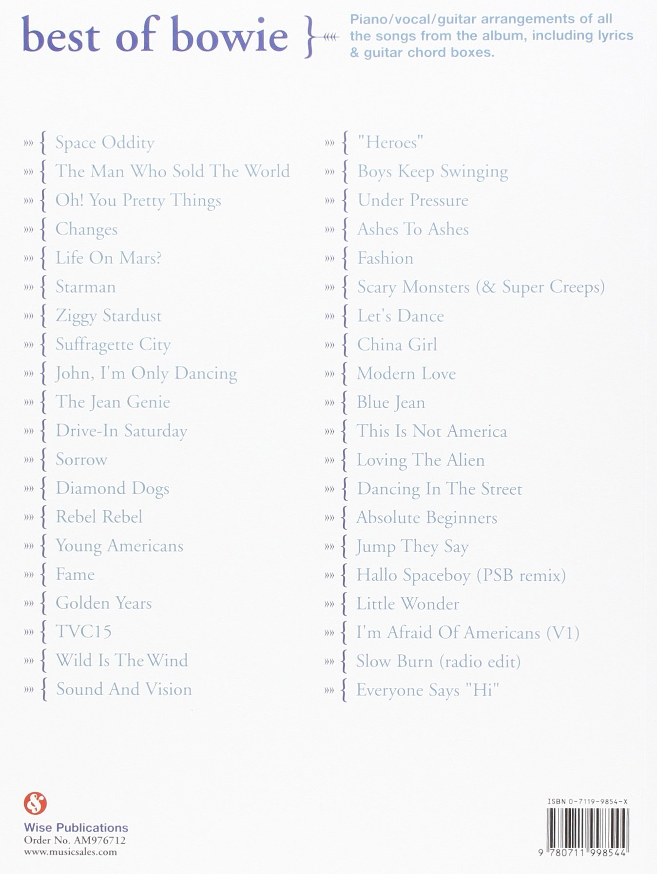 David Bowie Partition Best Of 39 Titres P/V/G