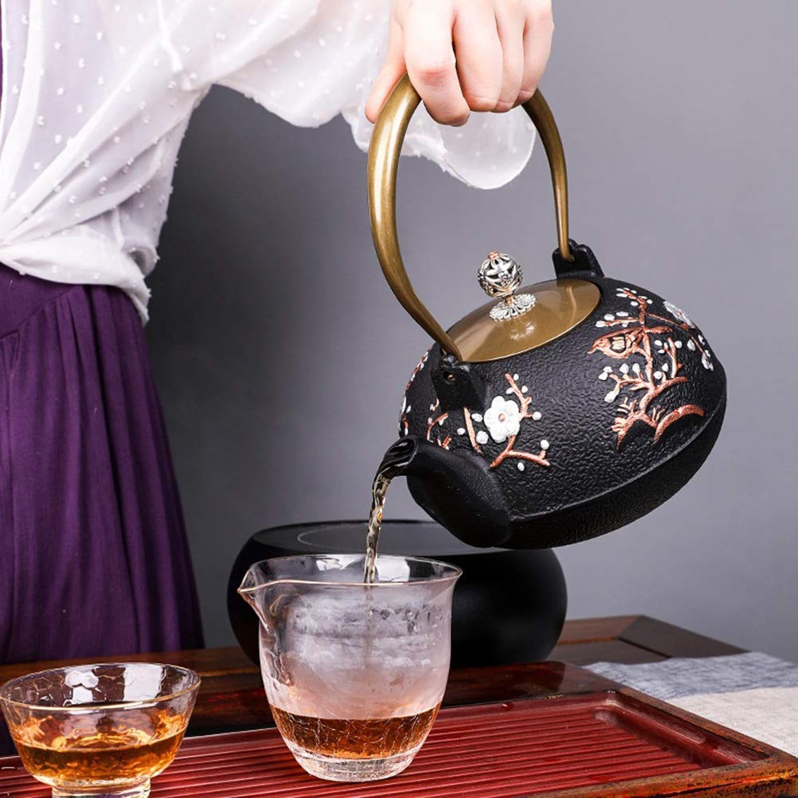 Hervidor a Gas Tetera de Hierro Fundido, Tetera para Cocina de inducción con infusor de Acero Inoxidable y Tapa de Cobre, cafetera de 1,2 L, Juego de té para Oficina para una Ebullición