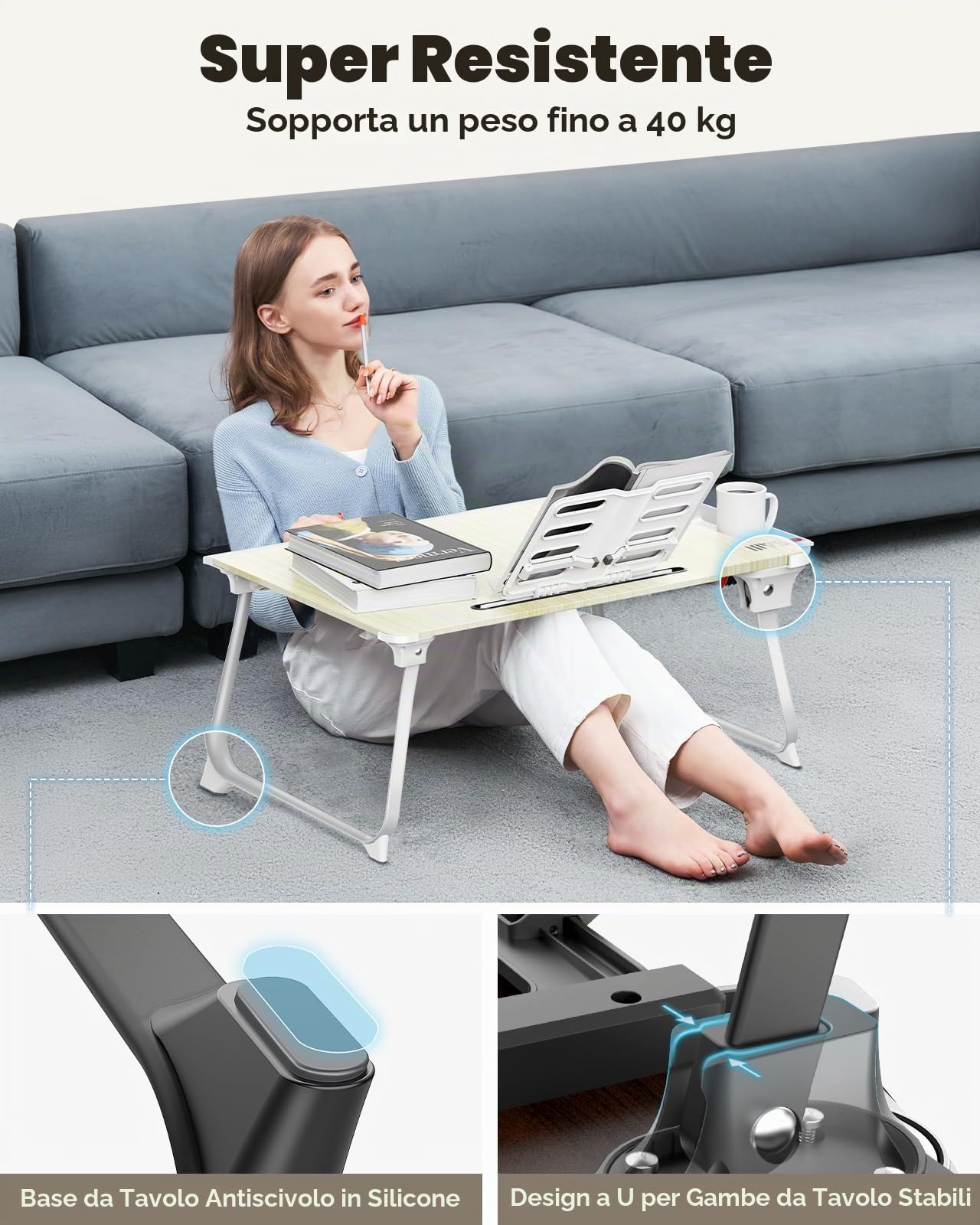 Tavolo da letto per laptop, tavolo da letto pieghevole SAIJI XXL, per studiare, mangiare, divano, letto, con cassetto, supporto per telefono tablet libro (nero, 65 * 49 * 30cm)