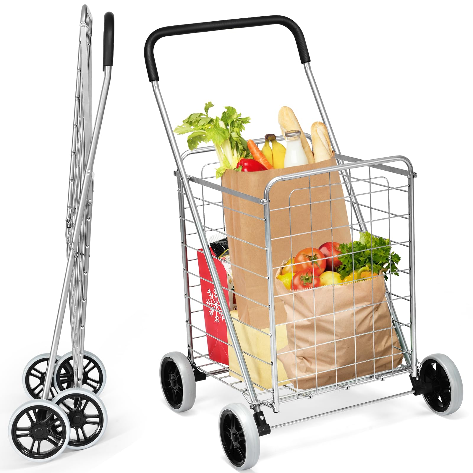 SOARS Carrello per la spesa pieghevole 83L, con ruote grandi e maniglia, telaio in metallo, carico 45 kg, carrello della spesa per supermercato, biancheria, bagagli, 57 x 58,5 x 91,5 cm (argento)