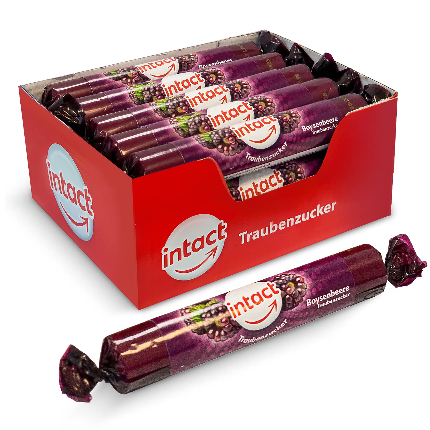 intact Traubenzucker (Boysenbeere) Rolle 15 St. • Multipack (15 x 40g) Traubenzucker Bonbons • 100% Vegan