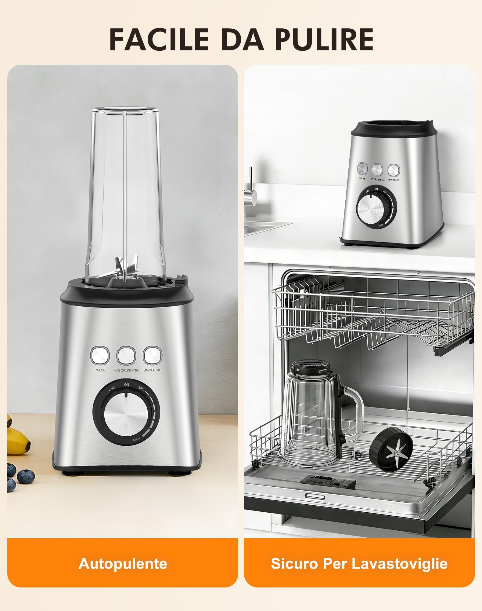 Frullatore Elettrico 1000W, Mixer Cucina con Bicchiere Vetro 1.5L + 600ml Bottiglie, Velocità Infinita, 24000 RPM, per Frullati, Succhi, Smoothie, Tritaghiaccio, Inossidabile (Argento)