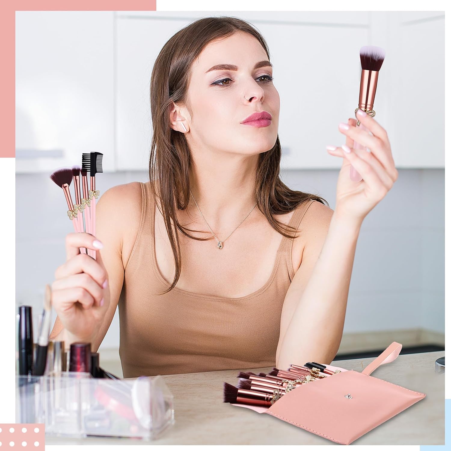 Chengu 16 Pcs Bow Makeup Brush Set with Makeup Brush Storage Bag Soft Bristles Foundation, Powder, Concealer, Eyeshadow, Blush Brushes Kit