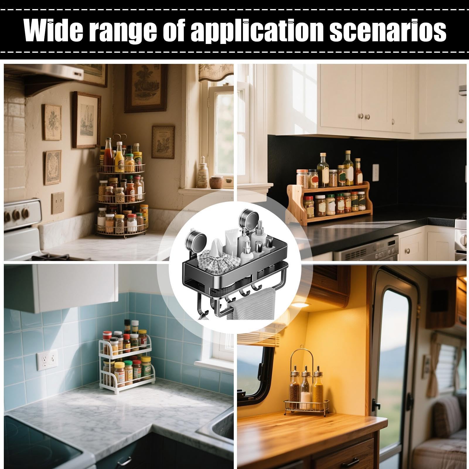 Contenitore per condimenti, organizer per condimenti da cucina, con ventosa, con 5 ganci, gadget da cucina per piastrelle, vetro, metallo, marmo, dispensa, soggiorno, appartamento,