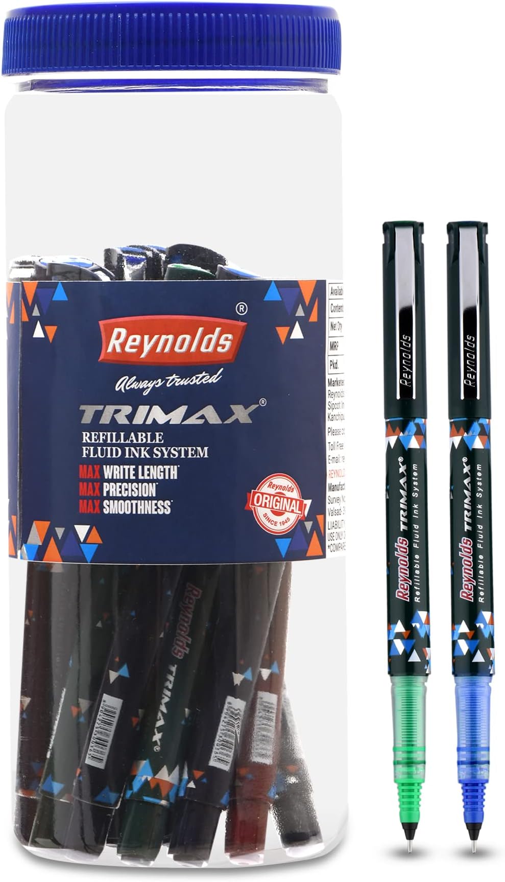 TRIMAX 15 COUNT JAR, 9 BLUE, 2 BLACK, 2 RED & 2 GREENI Lightweight Roller Pen With Comfortable Grip for Extra Smooth Writing I School and Office Stationery | 0.5mm Tip Size
