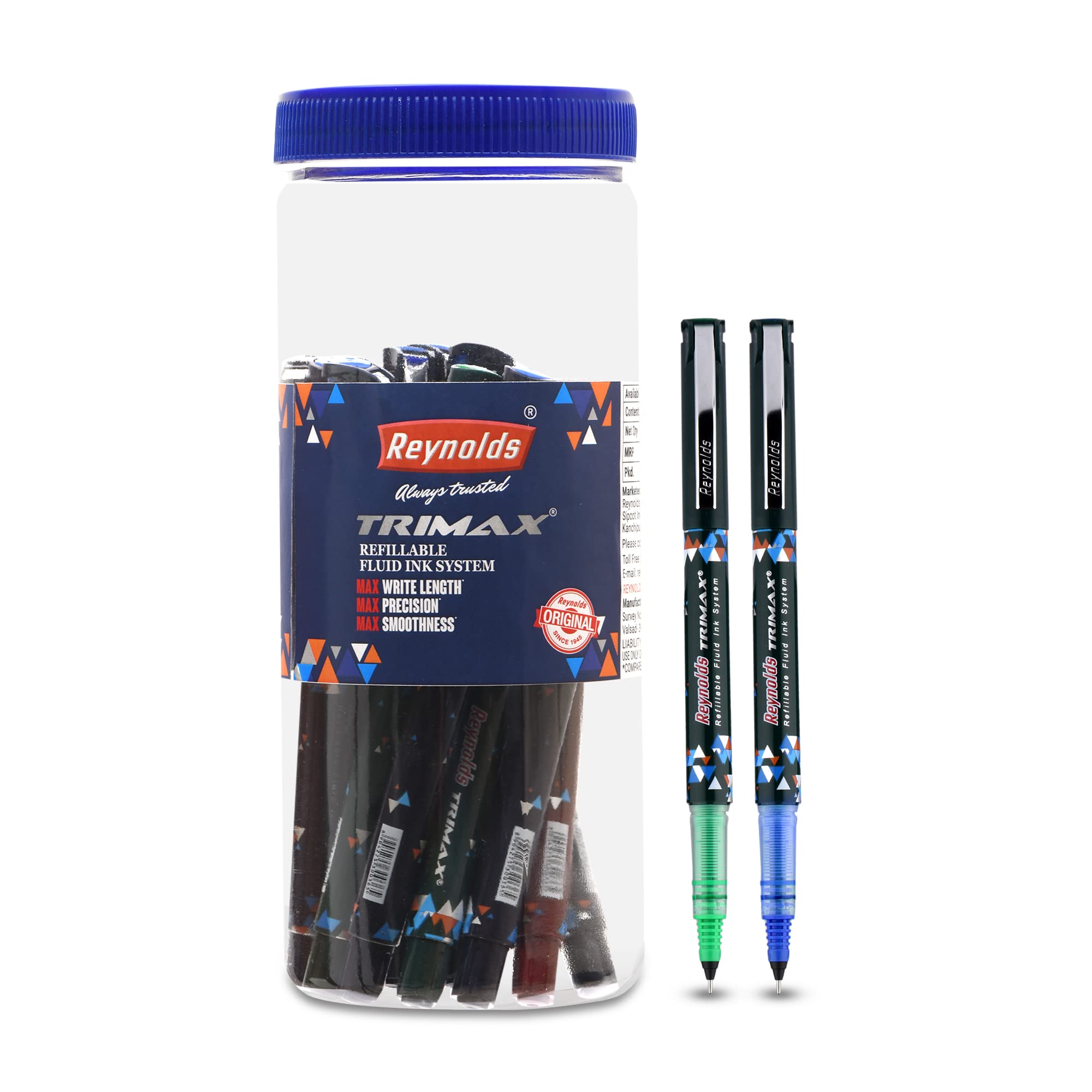 Reynolds TRIMAX 15 COUNT JAR, 9 BLUE, 2 BLACK, 2 RED & 2 GREEN - Lightweight Roller Pen With Comfortable Grip for Extra Smooth Writing I School and Office Stationery thumbnail 5