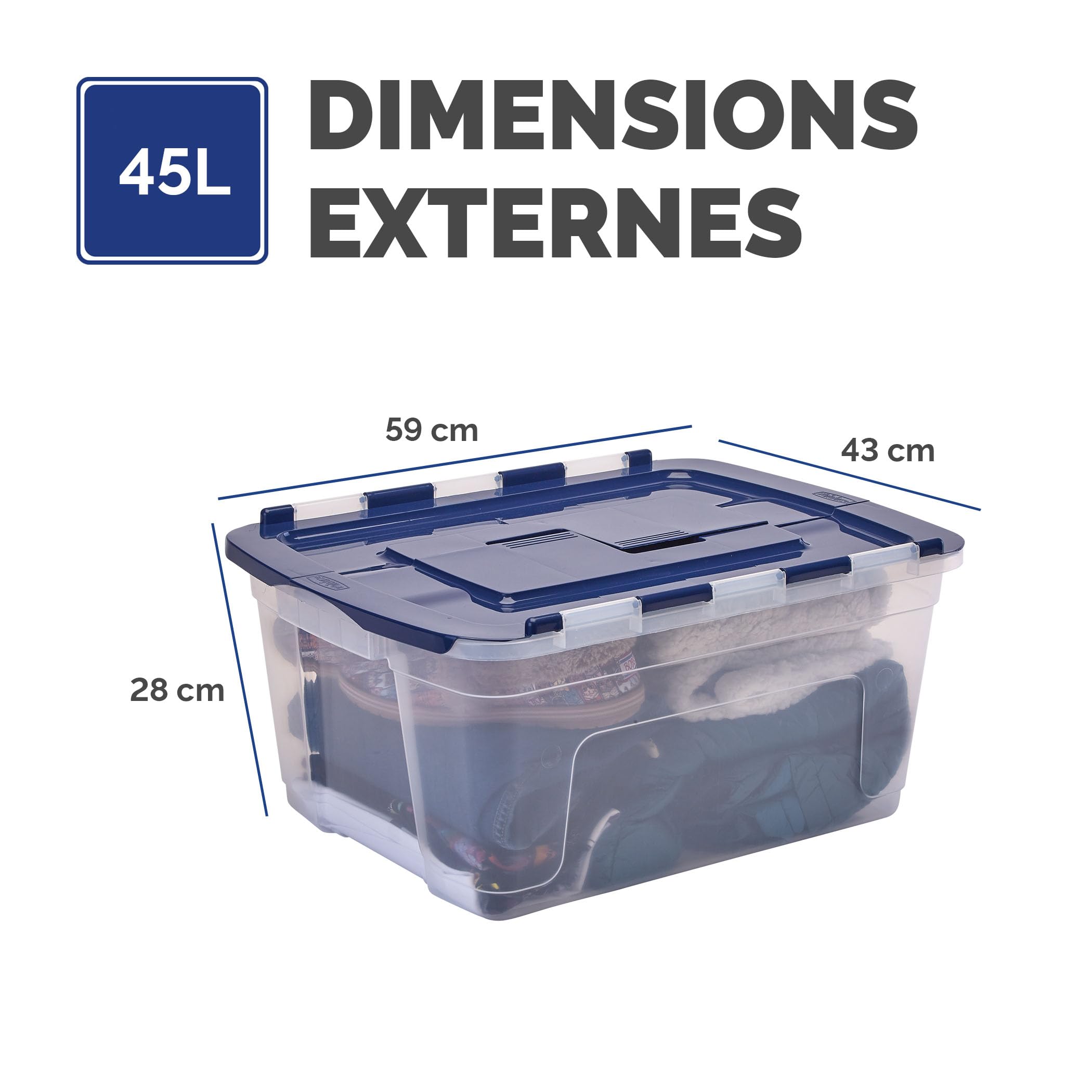 BANKERS BOX 45L Boîte fourre-tout en plastique, pack de 3, Polypropylène sans BPA, couvercles 100% recyclés, emboîtables et empilables, couvercle fendu, 28x43x59cm, polyvalent pour maison et bureau
