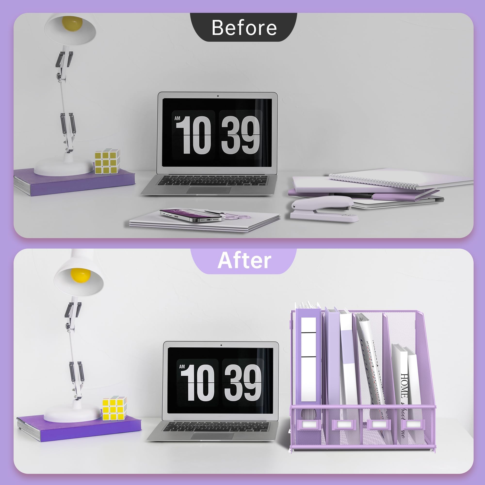 SUPEASY Magazin Datei Halter Schreibtisch Organizer, Metall Binder Halter mit 4 vertikalen Fächern für Büro Home School, Lila