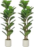 HOMCOM 4FT Artificial Fiddle Leaf Fig Tree Set of 2 with Solid Wood Trunks, Lifelike Fake Tree with 45 Leaves in Pot for Indoor Living Room Office Home Decor, Green