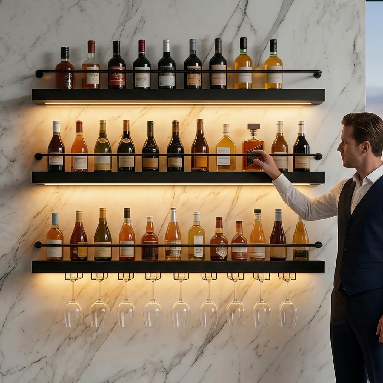 39.7IN Wall mounted wine rack with LED lights, 3 tier industrial-style metal bottle rack with glass holder,hanging wine rack suitable for home kitchens, bars, cafes, and restaurant décor(Black,100CM)