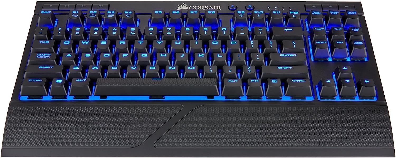 Top-down view of the CORSAIR K63 Wireless Mechanical Keyboard with blue LED backlighting