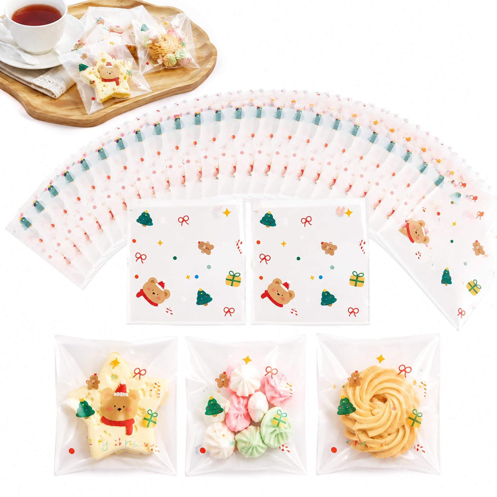 98-Pack Christmas Cellophane Bags, Self-Seal Cookie & Biscuit Bags